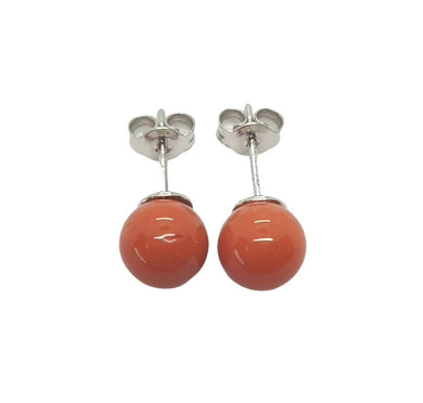 18k white gold balls spheres red coral button earrings, 8mm, 0.31 inches.