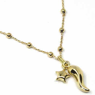 18K YELLOW GOLD NECKLACE MINI HORN CORNICELLO & STAR PENDANT ALTERNATE SPHERE BALLS CHAIN.