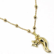 18K YELLOW GOLD NECKLACE MINI HORN CORNICELLO & STAR PENDANT ALTERNATE SPHERE BALLS CHAIN.