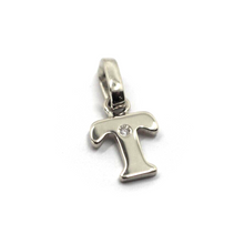 Load image into Gallery viewer, 18k white gold pendant charm small initial letter T, 10mm, 0.4&quot;, with diamond.
