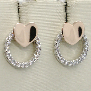 18k white & rose gold heart and circle earrings, white zirconia.