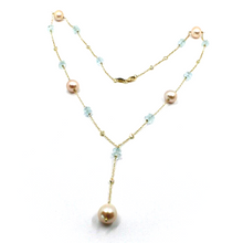 Load image into Gallery viewer, 18k yellow gold lariat necklace faceted 6mm oval aquamarine pink pearls zirconia.
