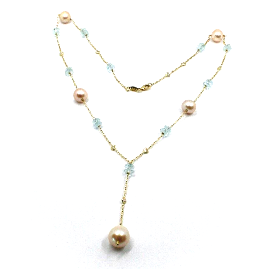 18k yellow gold lariat necklace faceted 6mm oval aquamarine pink pearls zirconia.