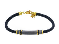 SOLID 18K YELLOW BLACK GOLD BRACELET 5mm ROUND TUBE PLATE & BLACK LEATHER, 8.3