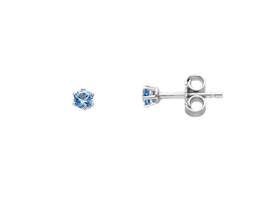 18k white gold stud six prong earrings with round 3mm blue cubic zirconia.