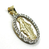 18k yellow white gold medal, virgin Mary, miraculous, mother of pearl, zirconia.