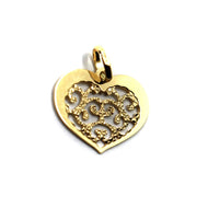 18K YELLOW GOLD MEDAL WORKED PENDANT, FLAT HEART 14x17mm, MADE IN ITALY.