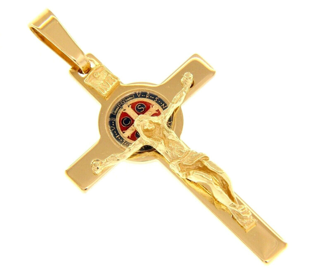 solid 18k yellow gold 38mm cross with Saint Benedict enamel medal, very detailed.