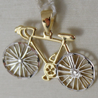 SOLID 18K WHITE & YELLOW RACING BICYCLE BIKE CYCLING SATIN PENDANT MADE IN ITALY.