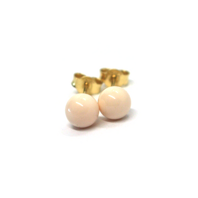 18k yellow gold 6mm balls spheres reconstructed pink coral button earrings.