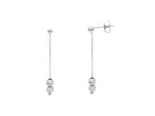 Load image into Gallery viewer, 18K WHITE GOLD PENDANT EARRINGS, 3mm WORKED SPHERES FACETED BALLS, LENGTH 35mm.
