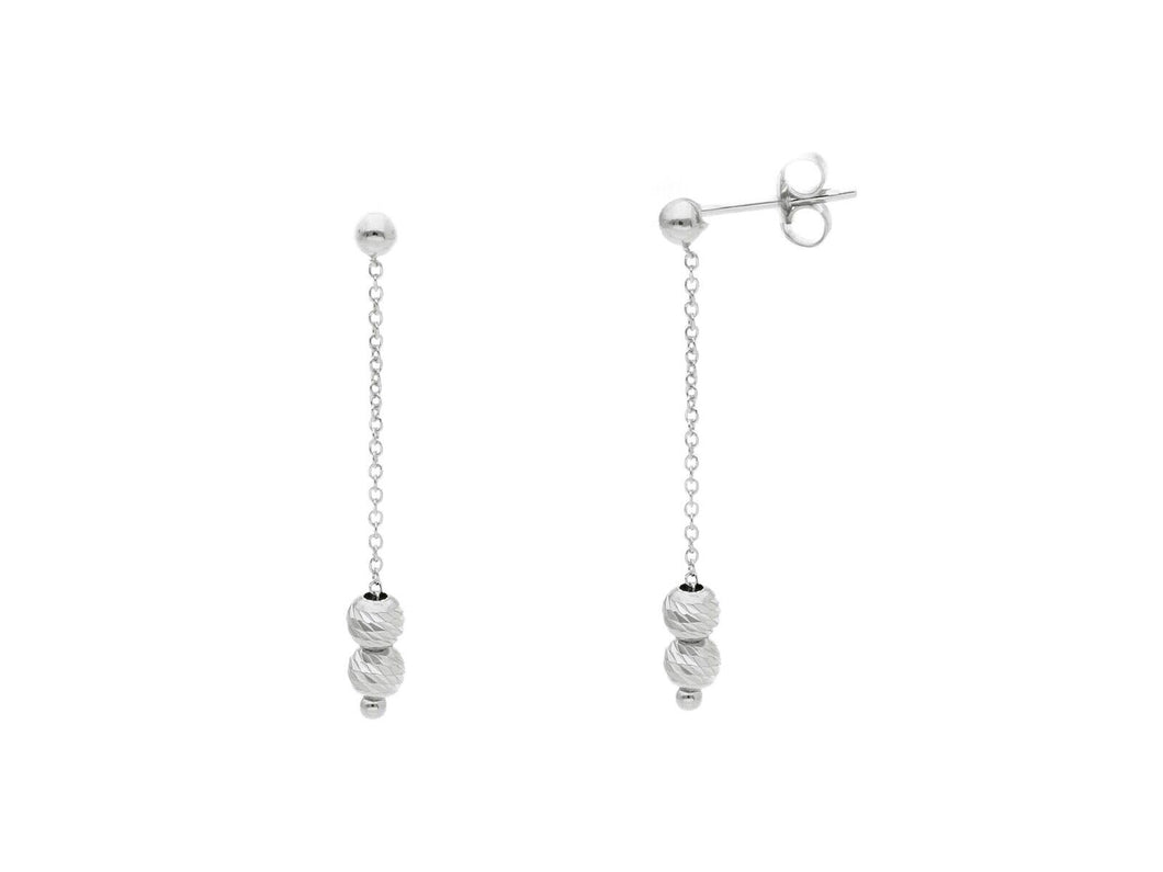 18K WHITE GOLD PENDANT EARRINGS, 3mm WORKED SPHERES FACETED BALLS, LENGTH 35mm.