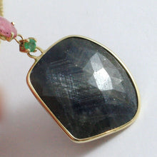 Load image into Gallery viewer, 9k yellow gold necklace and pendant, round blue and oval pink sapphire, peridot.

