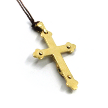 Load image into Gallery viewer, SOLID 18K YELLOW GOLD TRILOBE CROSS WITH JESUS, SMOOTH, FINELY WORKED, 28mm.
