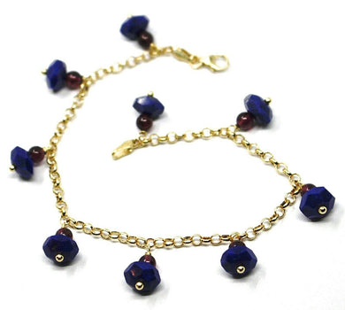 18K YELLOW GOLD BRACELET, OVAL FACETED LAPIS LAZULI PENDANT, ROLO LINKS 2.5mm.