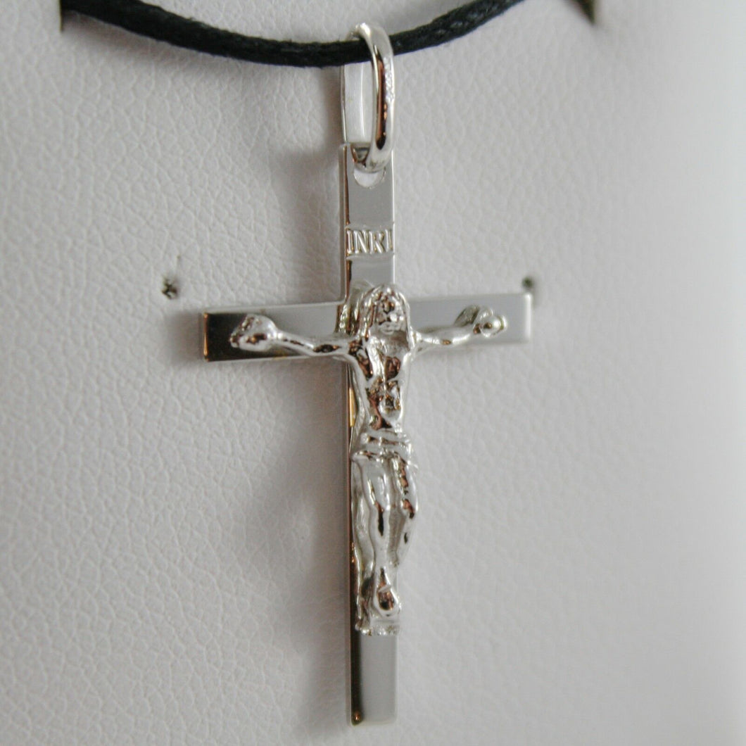 18k white gold cross with Jesus, smooth, finely squared engravable made in Italy.