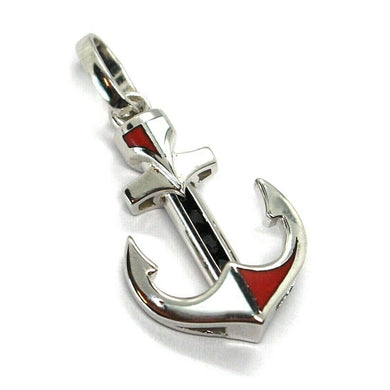 18k white gold nautical anchor pendant with black spinel, red & white enamel.