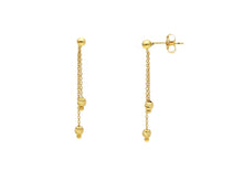 Load image into Gallery viewer, 18K YELLOW GOLD DOUBLE PENDANT EARRINGS 2.5mm WORKED SPHERES FACETED BALLS, 33mm.
