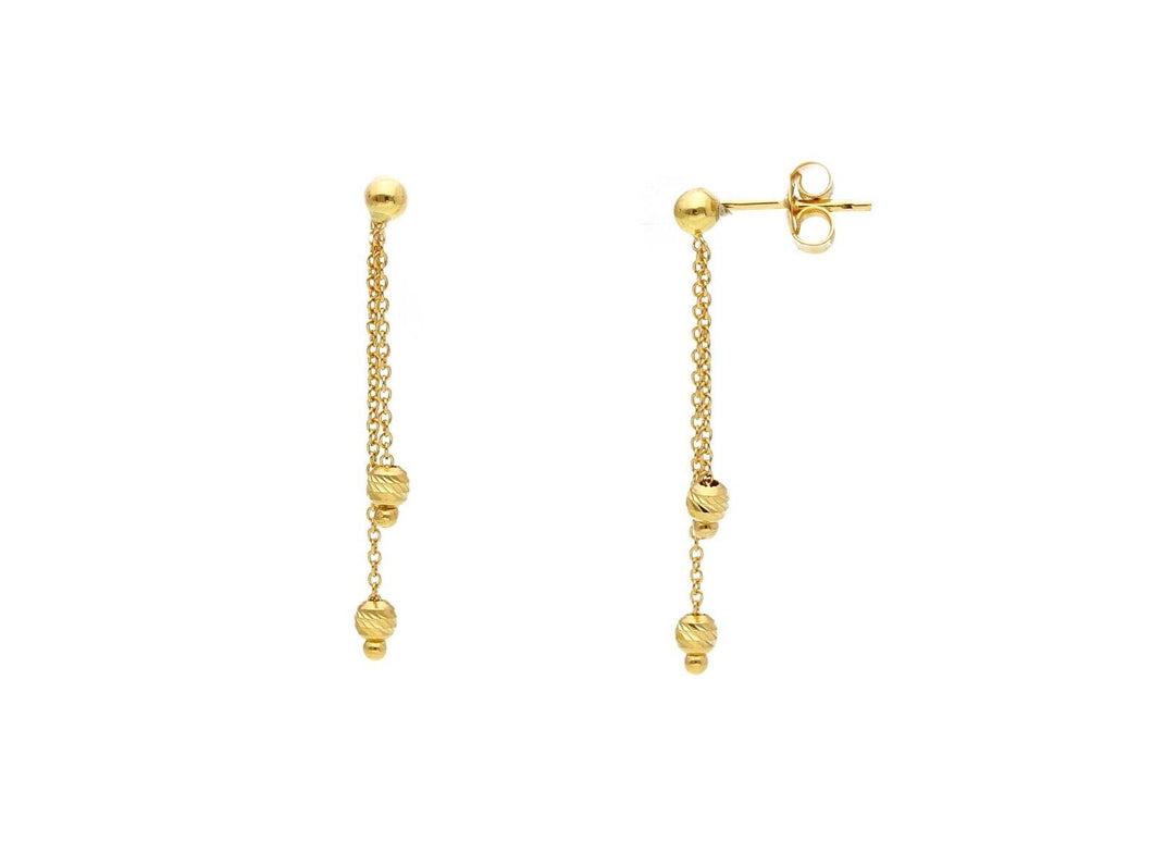 18K YELLOW GOLD DOUBLE PENDANT EARRINGS 2.5mm WORKED SPHERES FACETED BALLS, 33mm.