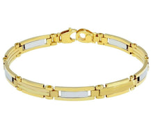 Load image into Gallery viewer, 18K YELLOW WHITE GOLD MAN BRACELET ALTERNATE ROUNDED SQUARED 7mm LINK, 21cm 8.3&quot;
