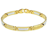 18K YELLOW WHITE GOLD MAN BRACELET ALTERNATE ROUNDED SQUARED 7mm LINK, 21cm 8.3