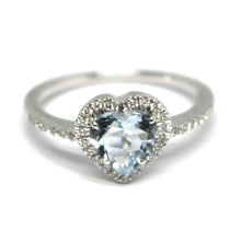 Load image into Gallery viewer, 18k white gold heart love ring, aquamarine with diamonds frame, made in Italy.

