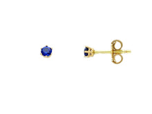 Load image into Gallery viewer, 18k yellow gold stud six prong earrings round recrystallized blue 3mm sapphire.
