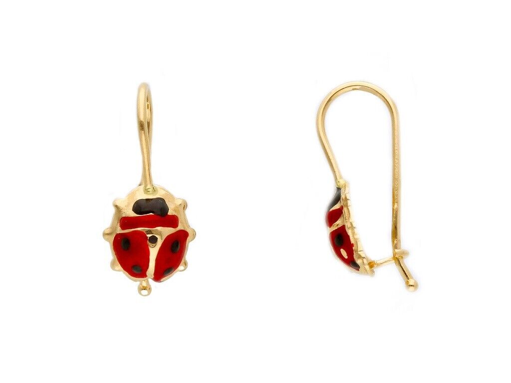 18k yellow gold small puffed 7mm ladybug pendant enamel earrings, hook closure.