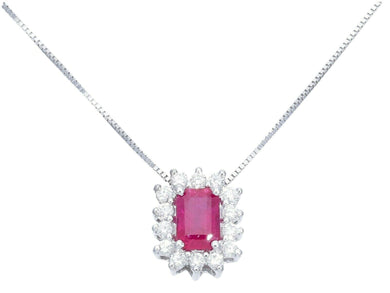 18k white gold flower necklace diamonds 0.22 & emerald cut red ruby 0.70 pendant.