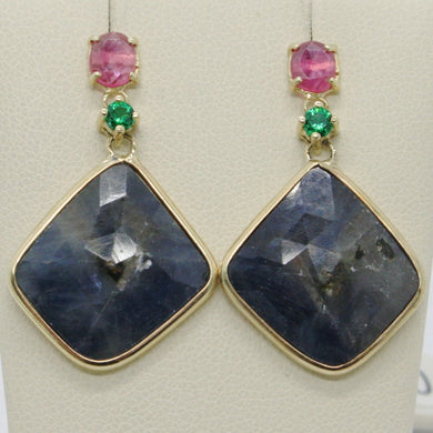 9k yellow gold pendant earrings, drop blue & oval pink sapphire, green emerald.