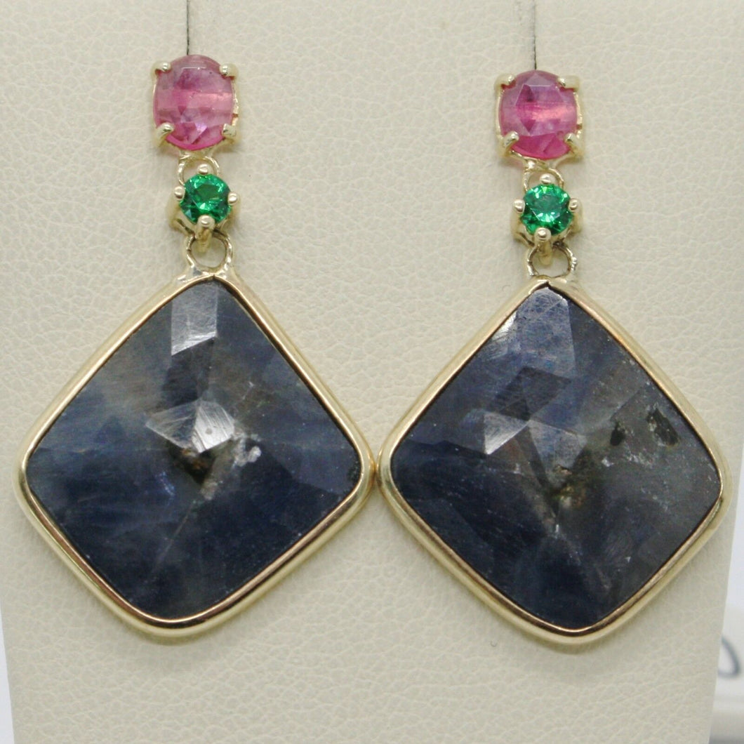 9k yellow gold pendant earrings, drop blue & oval pink sapphire, green emerald.