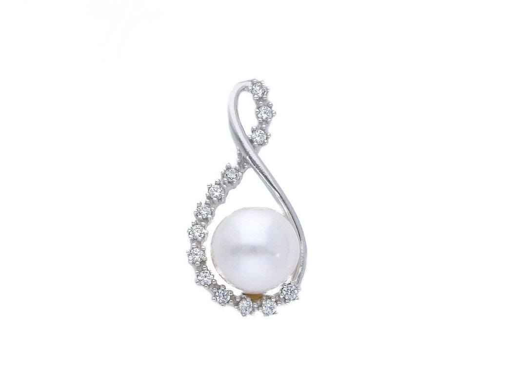 18k white gold pendant charm round freshwater white pearl 7 mm cubic zirconia.