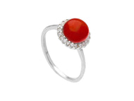 18K WHITE GOLD CENTRAL CABOCHON RED CORAL RING WITH CUBIC ZIRCONIA FRAME.