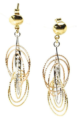 18K YELLOW WHITE ROSE GOLD PENDANT EARRINGS MULTIPLE WORKED CIRCLES SPIRAL 4cm,.
