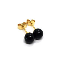 Load image into Gallery viewer, 18k yellow gold 6mm 0.24&quot; spheres balls black agate button stud earrings.
