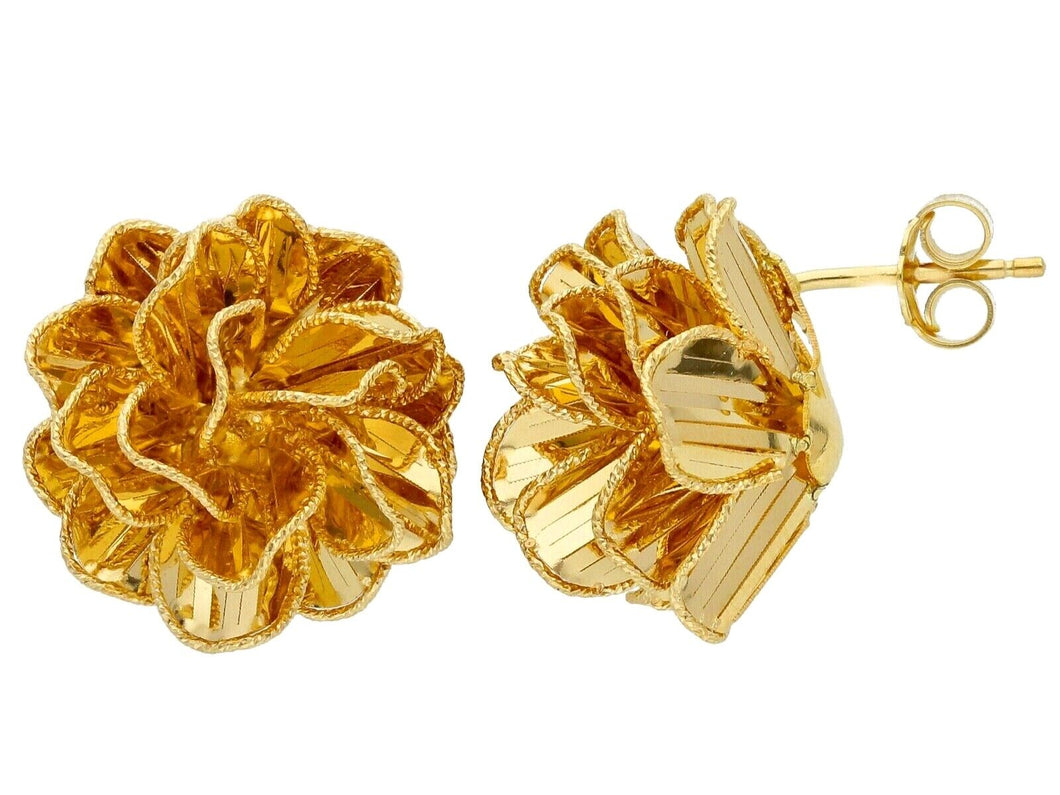 18K YELLOW GOLD EARRINGS WORKED FLOWER ONDULATE PETALS 20mm, 0.8