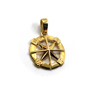 Solid 18k yellow gold marine compass wind rose round pendant, diameter 15mm.