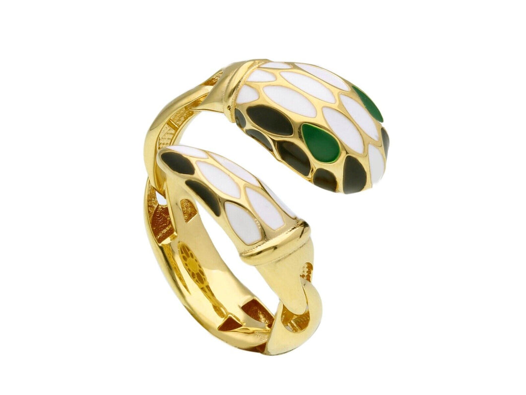 18K YELLOW GOLD BAND CROSSED RING WITH WHITE, BLACK AND GREEN ENAMEL SNAKE.
