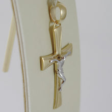 Load image into Gallery viewer, 18K YELLOW WHITE GOLD JESUS CROSS SATIN STYLIZED FINELY WORKED MADE IN ITALY.
