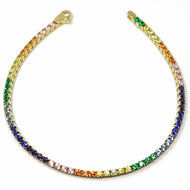 SOLID 18K YELLOW GOLD TENNIS BRACELET, MULTI COLOR, RAINBOW CUBIC ZIRCONIA, 7