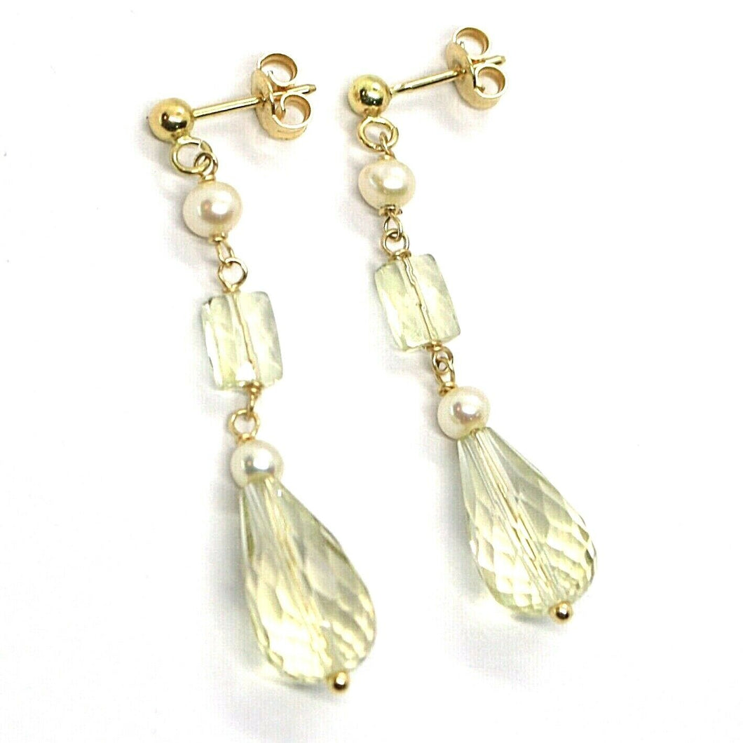 18k yellow gold pendant earrings, pearl and lemon quartz drop, 1.65 inches