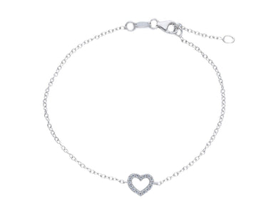 18K WHITE GOLD BRACELET, ROLO 1mm CHAIN , CENTRAL CUBIC ZIRCONIA HEART, 7.1