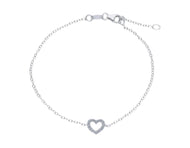 18K WHITE GOLD BRACELET, ROLO 1mm CHAIN , CENTRAL CUBIC ZIRCONIA HEART, 7.1