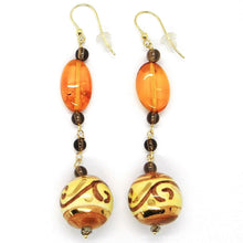 Load image into Gallery viewer, 18K YELLOW GOLD EARRINGS OVAL AMBER, POTTERY CERAMIC BALLS HAND PAINTED IN ITALY.
