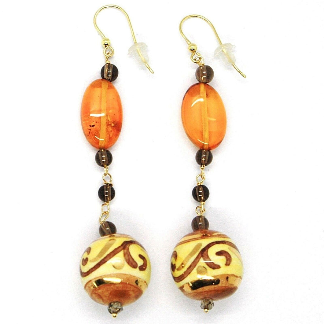 18K YELLOW GOLD EARRINGS OVAL AMBER, POTTERY CERAMIC BALLS HAND PAINTED IN ITALY.