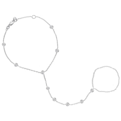 18K WHITE GOLD CHAIN BRACELET HAND KISS FINGER RING, HARNESS WITH CUBIC ZIRCONIA.
