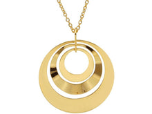 Load image into Gallery viewer, 18K YELLOW GOLD NECKLACE, 22mm TRIPLE ONDULATE DISC CIRCLE PENDANT, ROLO CHAIN.
