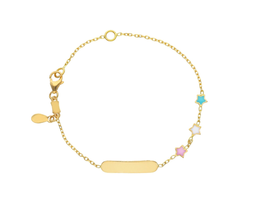 18k yellow gold kid child girl baby bracelet enamel 3 stars and plate rolo chain.