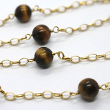 Load image into Gallery viewer, 18K YELLOW GOLD NECKLACE OVAL ROLO CHAIN ALTERNATE WITH TIGER&#39;S EYE BALLS 8 MM.
