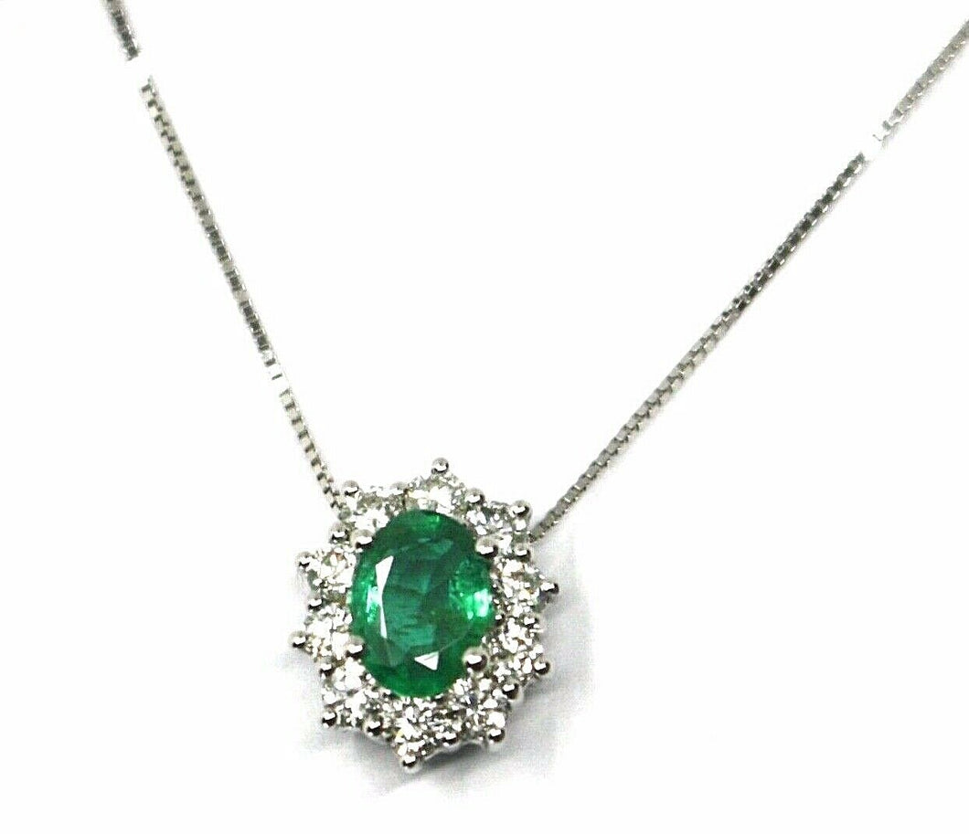 18k white gold necklace, flower pendant, oval emerald 0.74 diamonds frame 0.52